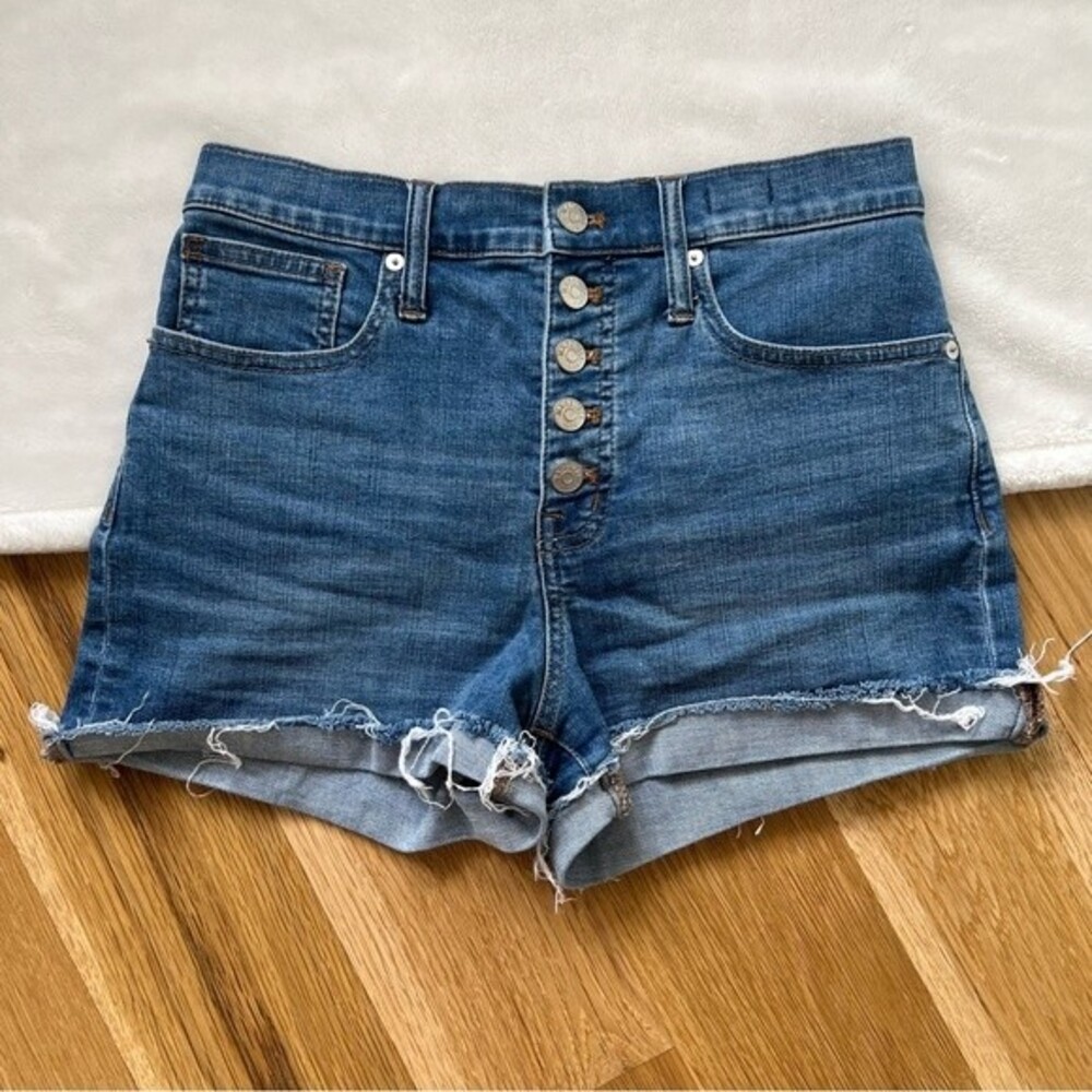 Madewell High Rise Denim Blue Jean Shorts button fly raw hem cuffed hem 26